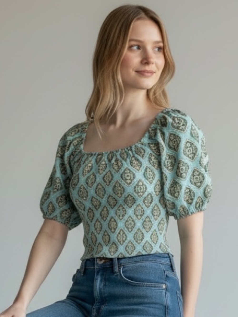 Maurices Mint Green Medallion Square-Neck Puff Sleeve Top